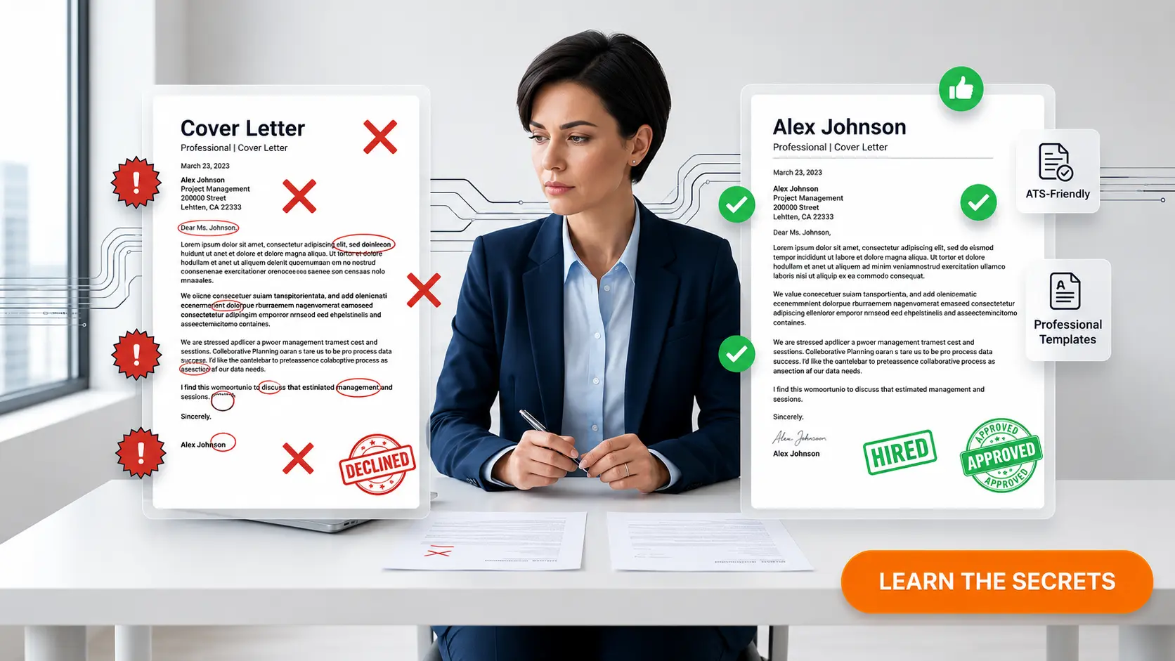 Before and after comparison of a cover letter: a rejected version full of mistakes versus an approved, hired, ATS-friendly version generated by AI