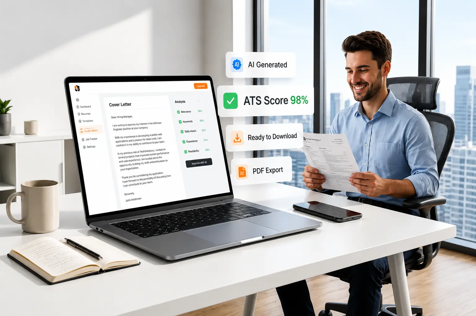 AI cover letter generator dashboard showing rough notes turned into a polished ATS-friendly cover letter with PDF download